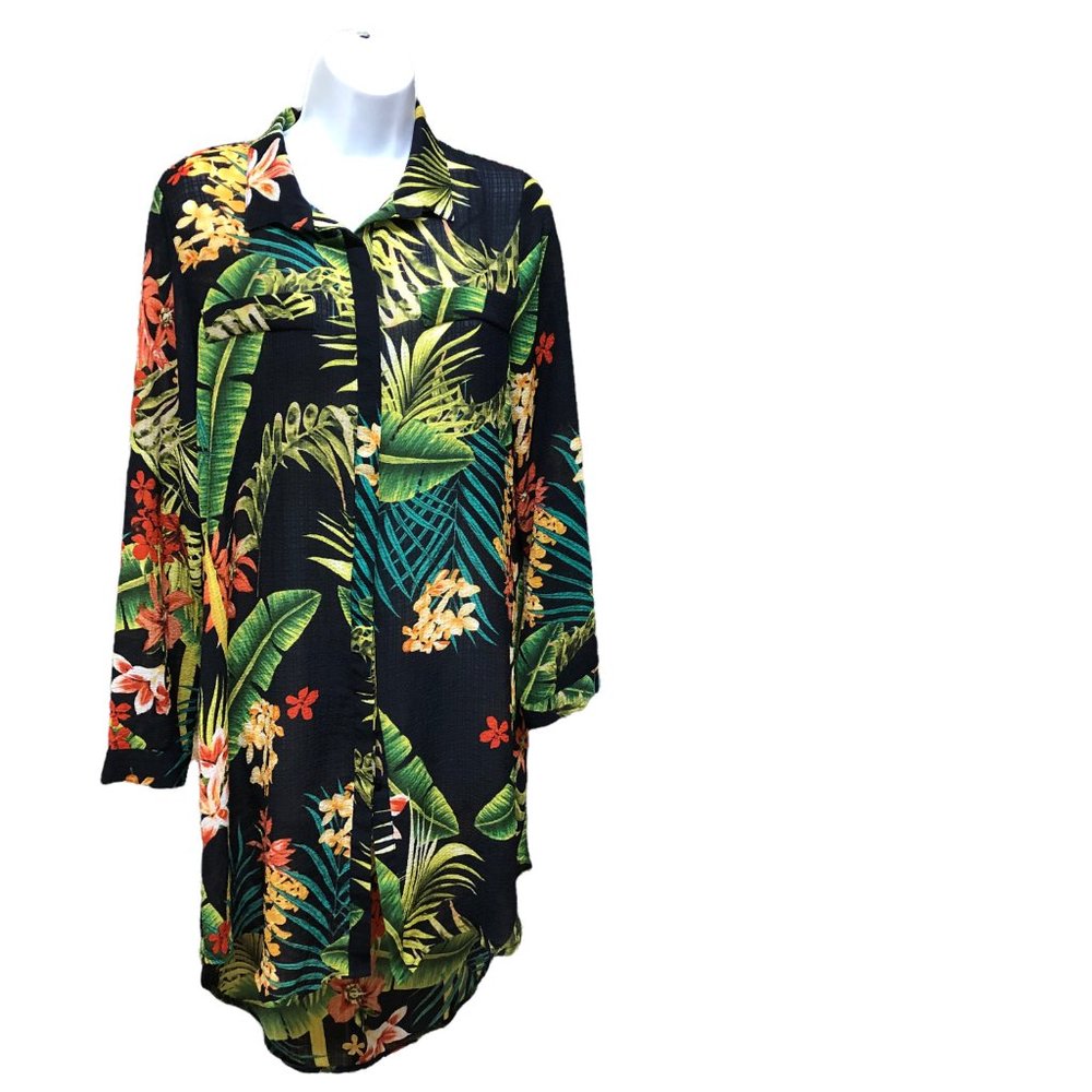 Papillon Blanc Black Tropical Leaf & Floral Long Sleeve Dress